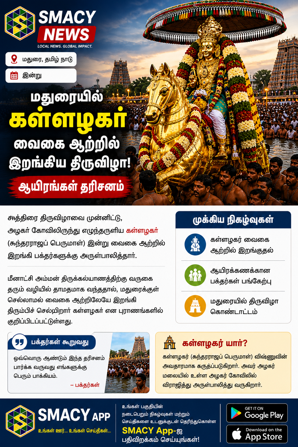 மதுரையில் கள்ளழகர் வருகை: வைகை ஆற்றில் இறங்கிய திருவிழா – ஆயிரங்கள் தரிசனம்