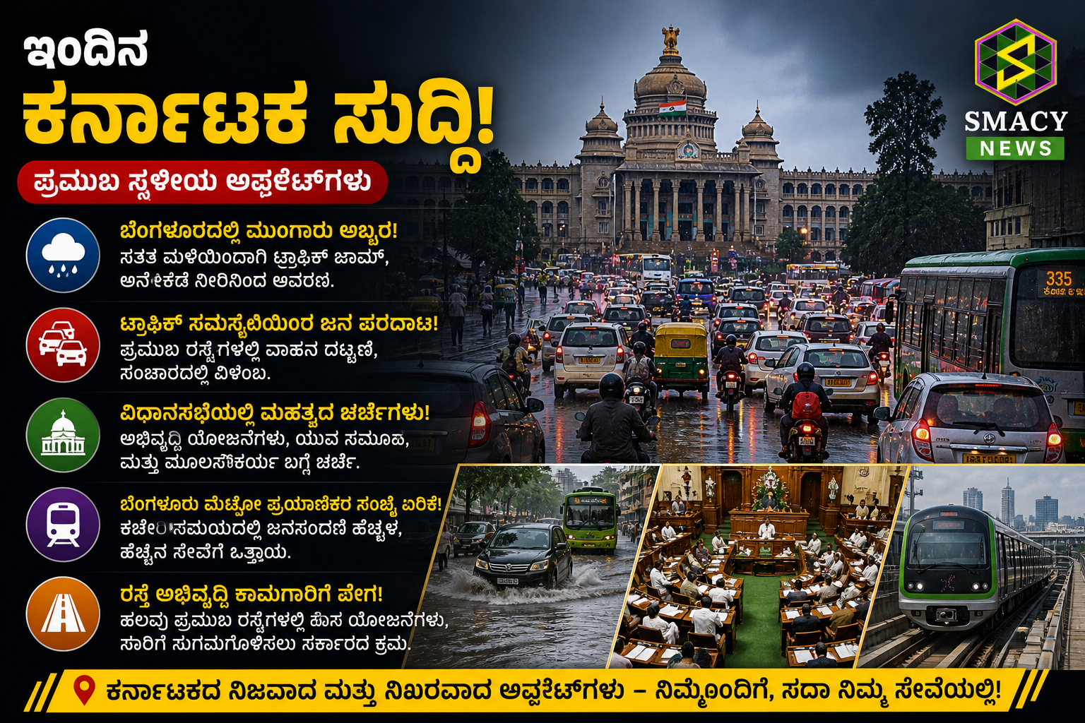 ಇಂದಿನ ಕರ್ನಾಟಕ ಸುದ್ದಿ! ಮಳೆ ಮತ್ತು ಟ್ರಾಫಿಕ್ ಸಮಸ್ಯೆಯಿಂದ ಬೆಂಗಳೂರಿನಲ್ಲಿ ಜನರಿಗೆ ತೊಂದರೆ ಹೆಚ್ಚಳ