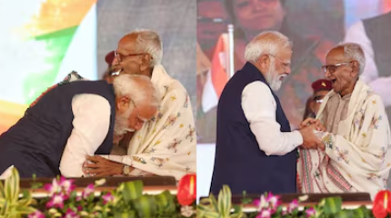 സത്യപ്രതിജ്ഞ ചടങ്ങിൽ ബംഗാൾ ജനതയെ സാഷ്ടാംഗം പ്രണമിച്ച പ്രധാനമന്ത്രി മോദി 98 കാരൻ്റെ പാദം തൊട്ടു വന്ദിച്ചു