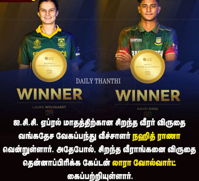 ஐ.சி.சி. ஏப்ரல் மாதத்திற்கான சிறந்த வீரர், வீராங்கனை அறிவிப்பு