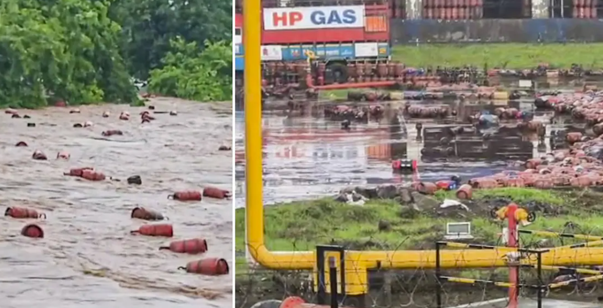 പെയ്തത് സിലിണ്ടർ മഴയോ? പുഴ നിറഞ്ഞ് ചുവപ്പൻ ഗ്യാസ് കുറ്റികൾ; പിടിച്ചെടുക്കാൻ ഇരുകരയിലും ജനം