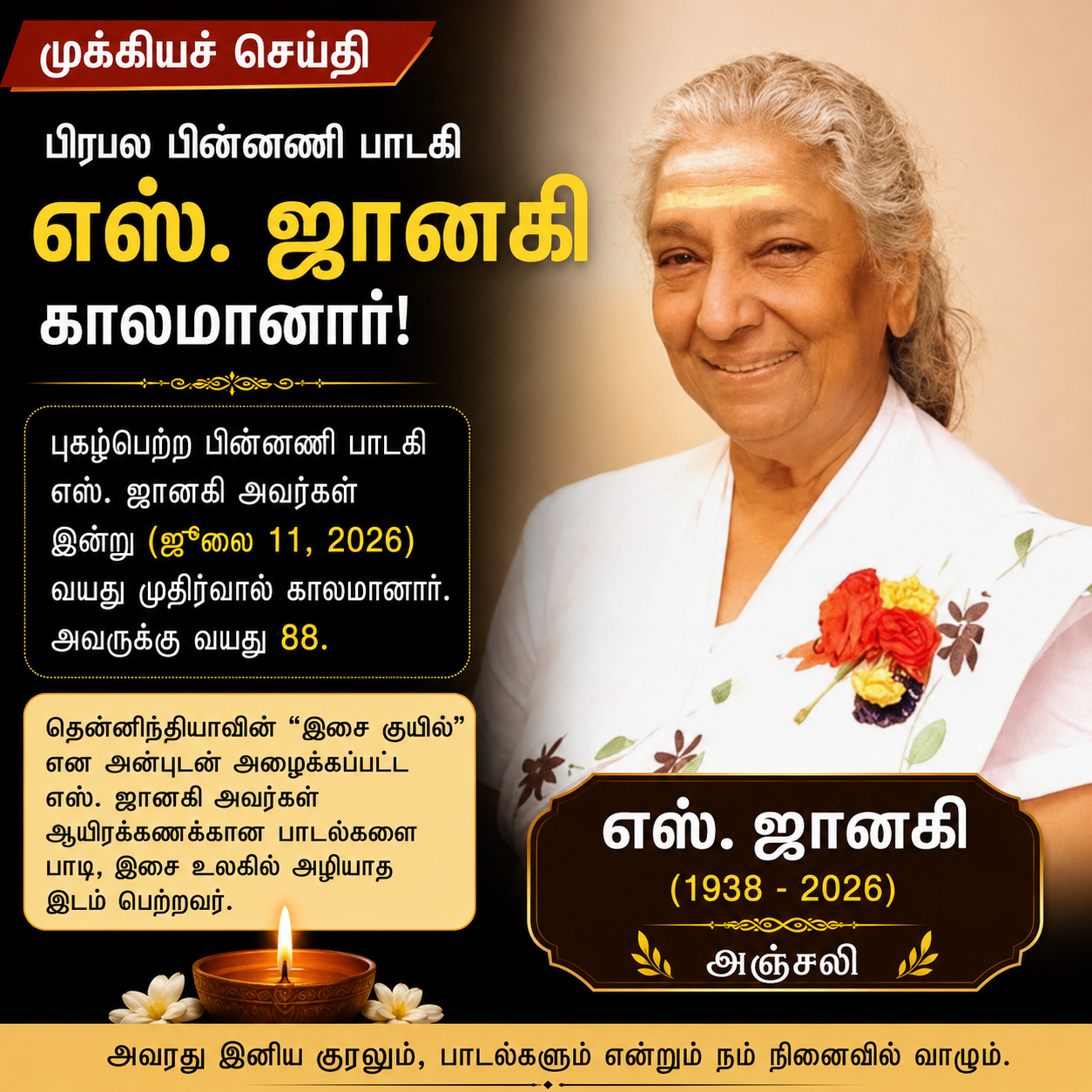 பிரபல பின்னணி பாடகி எஸ். ஜானகி காலமானார்