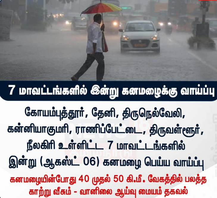 7 மாவட்டங்களில் இன்று கனமழைக்கு வாய்ப்பு