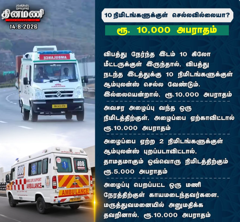 விபத்து நடந்த இடத்துக்கு 10 நிமிடங்களுக்குள் ஆம்புலன்ஸ் செல்ல வேண்டும். 