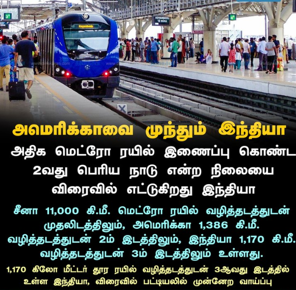 மெட்ரோ ரயில் சேவையில் அமெரிக்காவை முந்த உள்ள இந்தியா 